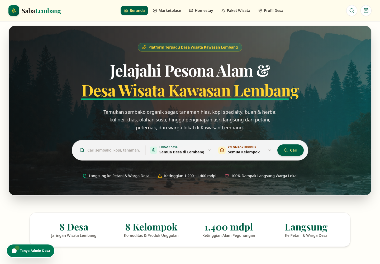 Marketplace-Desa-Wisata — Saba Lembang public landing page, running locally with the repository-supplied tourism content.