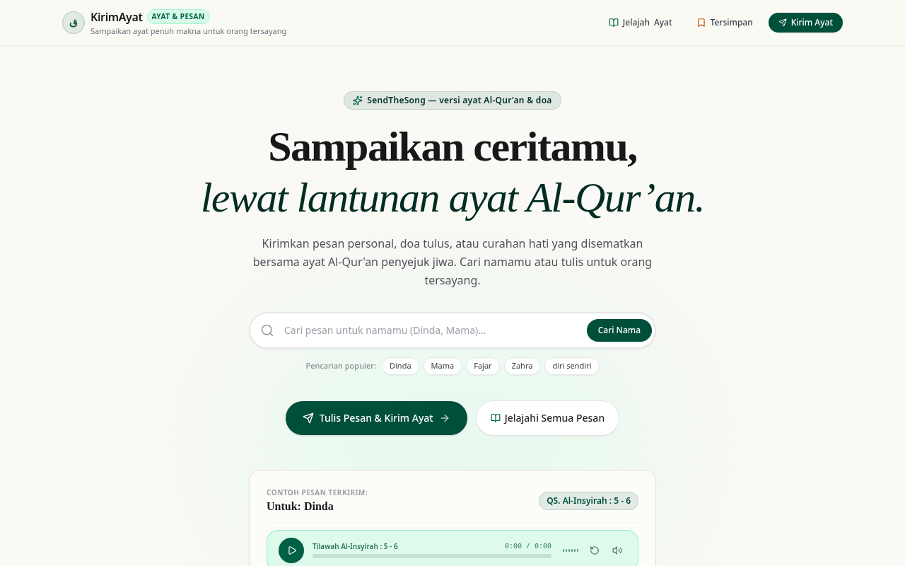 SendTheAyat — Running web app: KirimAyat landing page with personal verse search and audio preview.