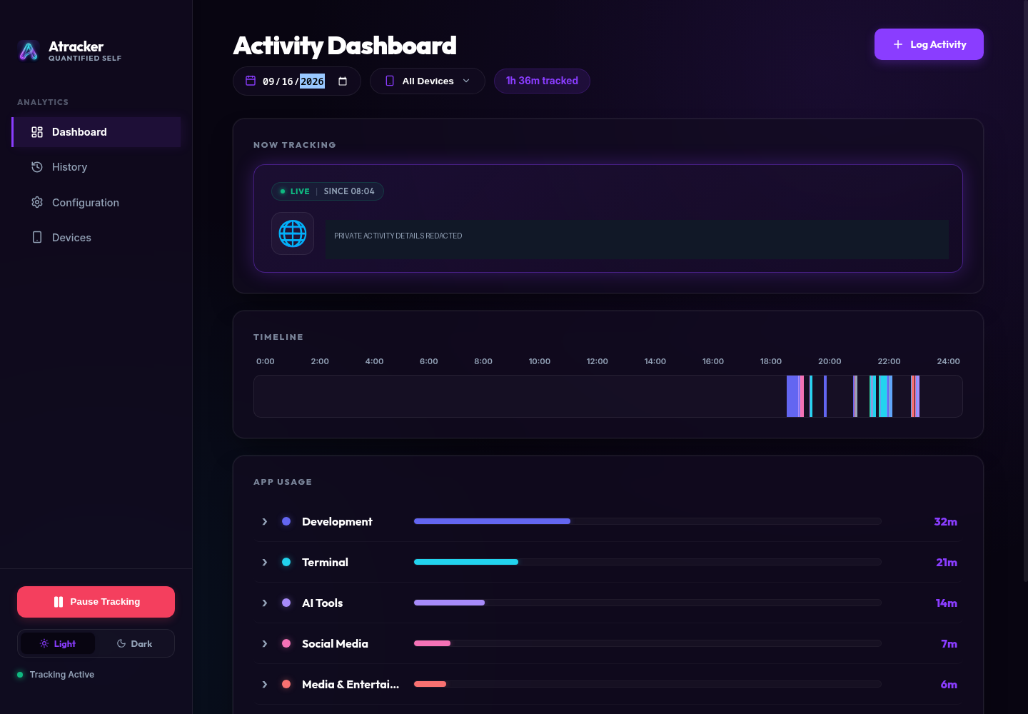atracker — Historical daily category usage and timeline; live app identity and window title privacy-masked.
