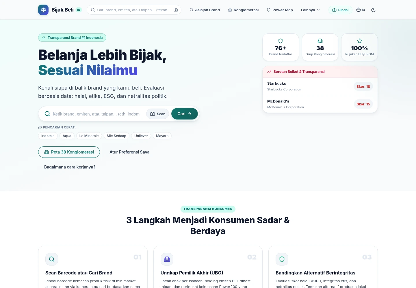 bijak-beli — Running app: brand transparency homepage and public brand discovery.