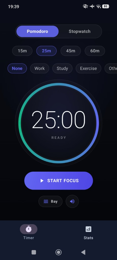 deepfocus — Running Android app: Pomodoro focus timer with duration presets, activity tags, circular neon dial, and ambient soundscape selector.