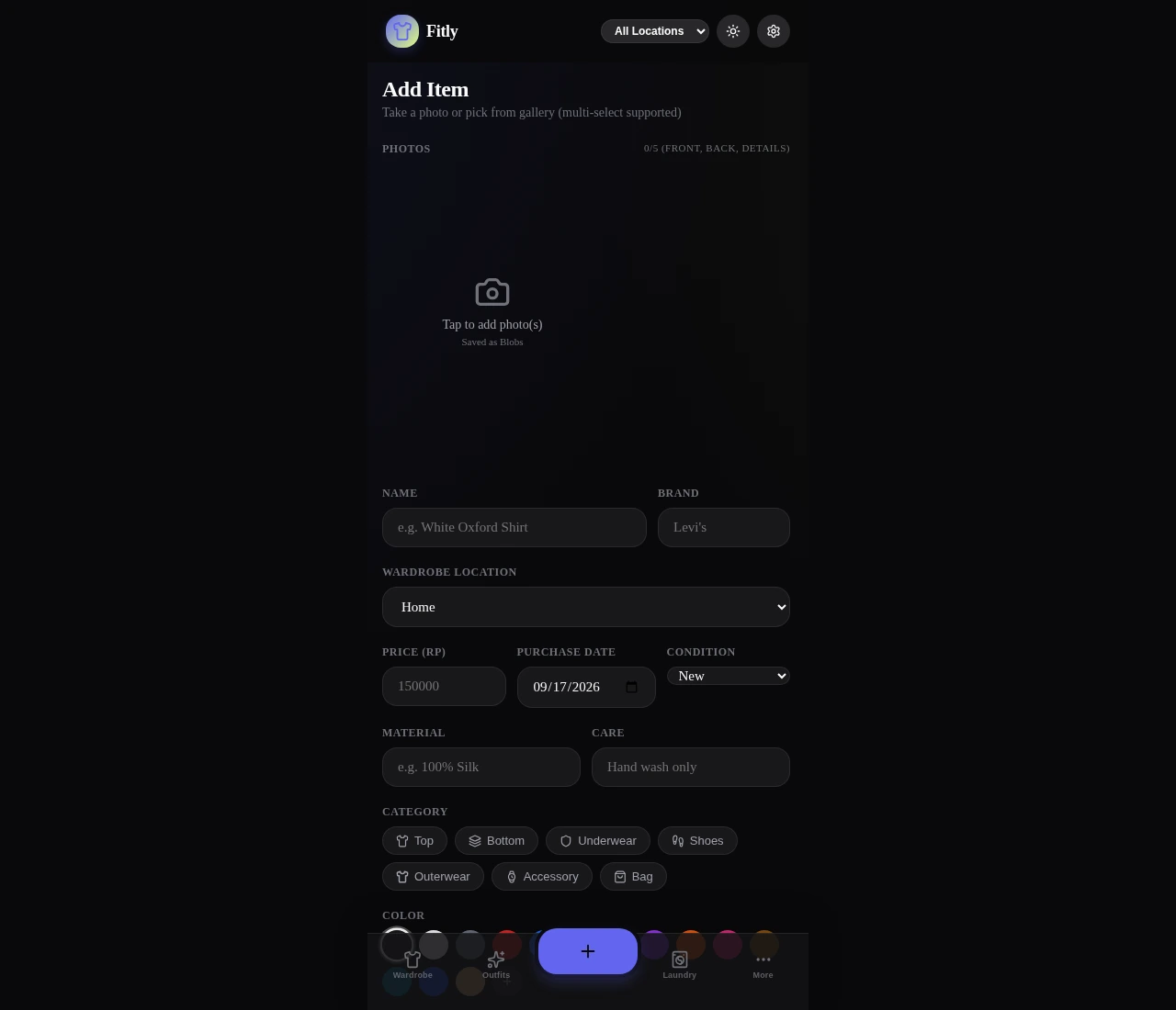 fitly — Running app: blank Add Item form in a fresh local wardrobe; no personal inventory.