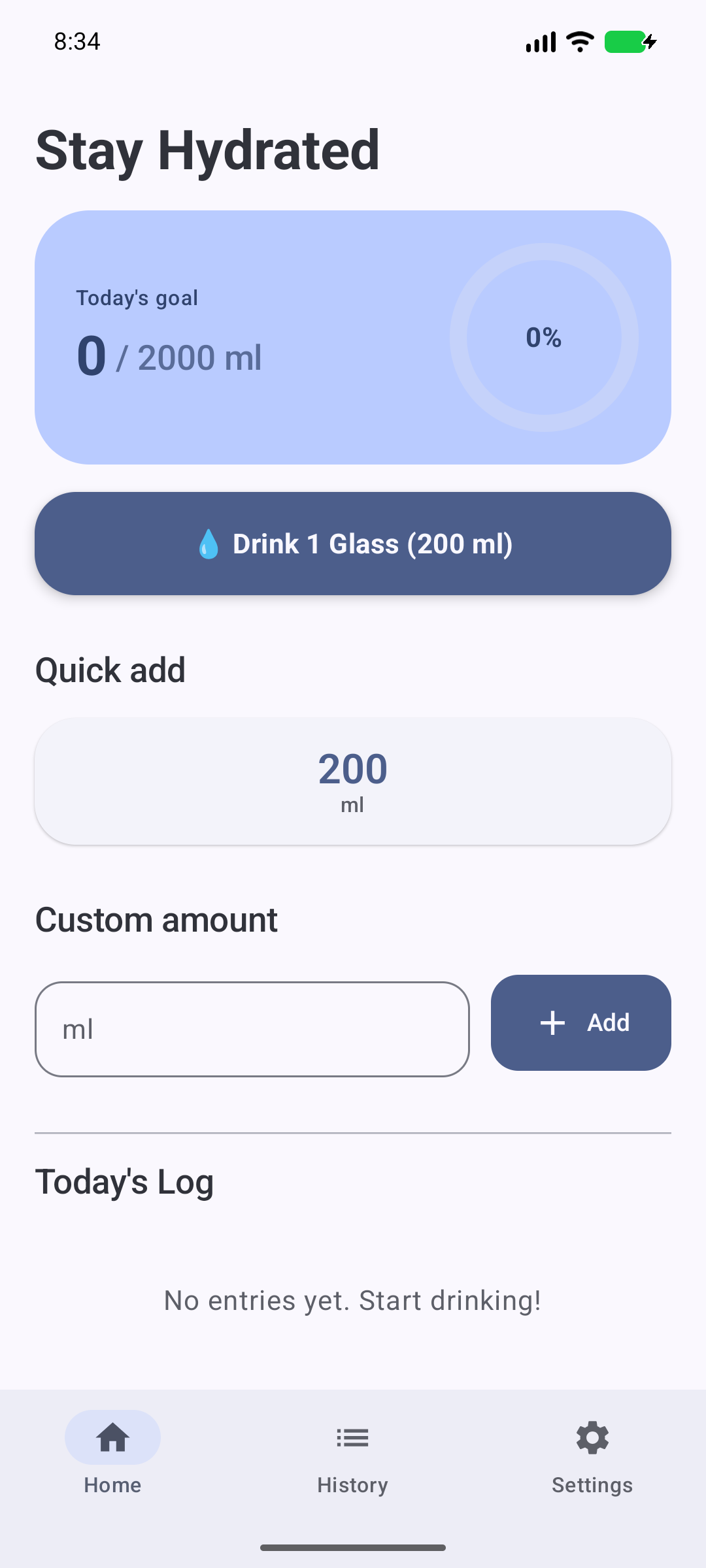 hydrotrack — Running Android app: hydration dashboard with an empty intake log in an isolated emulator.