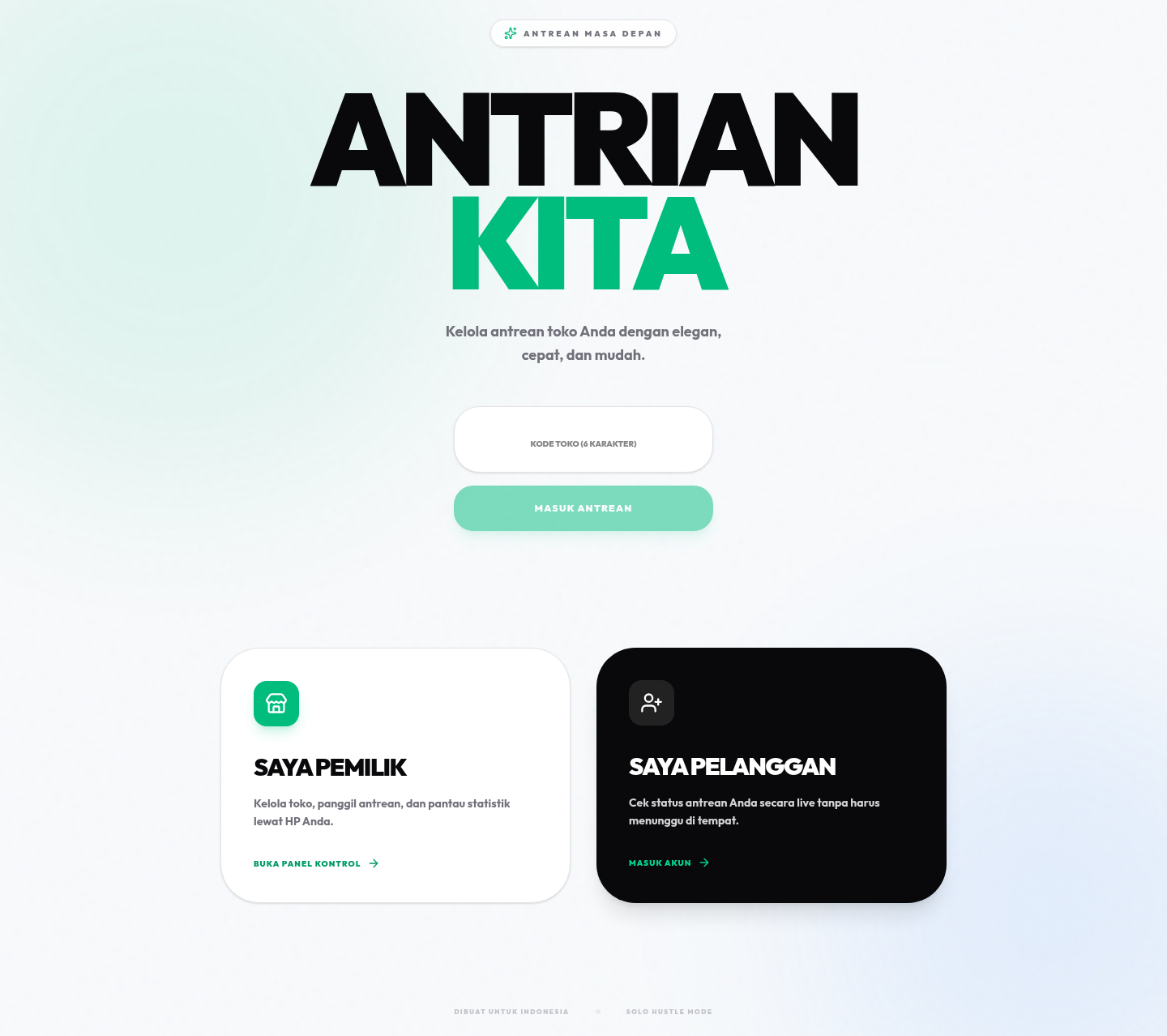 ngantriwoy — Running app: public queue entry and store-owner navigation; no live customer records.