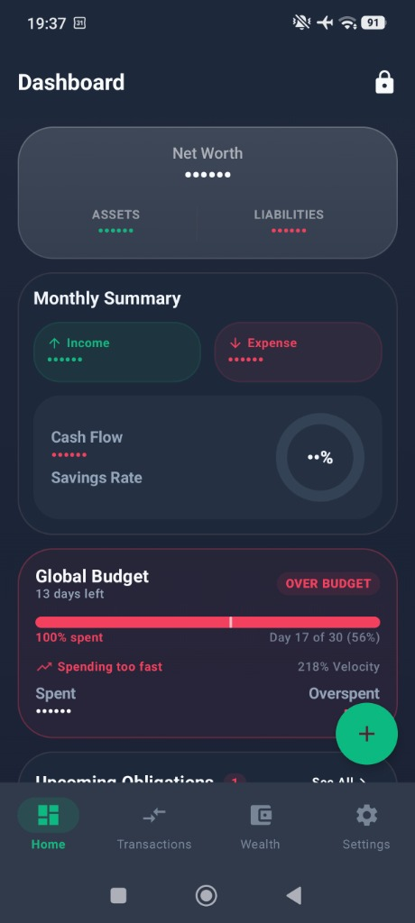 sansfinance — Running Android app: Home dashboard displaying net worth summary, monthly cash flow rate, and global budget burn velocity.