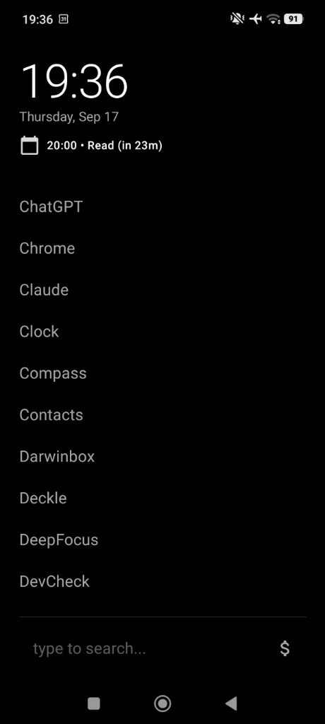 sanslauncher — Minimalist home screen: ambient clock, next calendar event anchor, distraction-free app list, and instant search with quick expense shortcut.